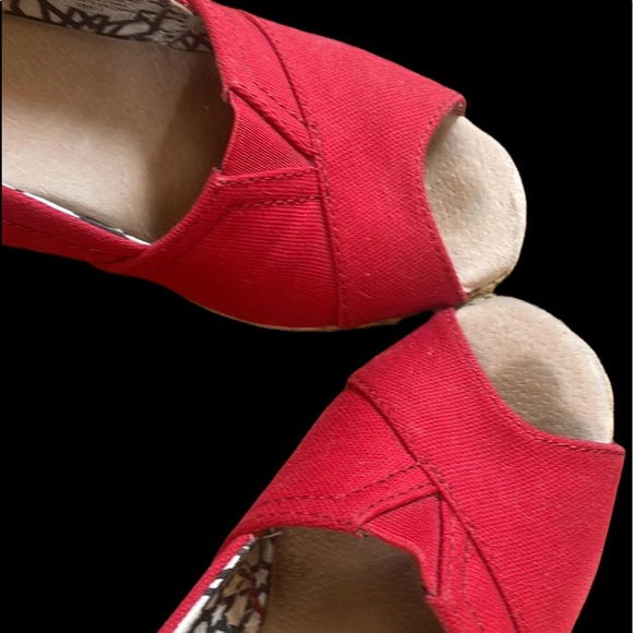 Toms Twill Classic Wedge Sandals Womens 6.5 Red Peep Toe Twine 3" Heel Shoes - Picture 10 of 12